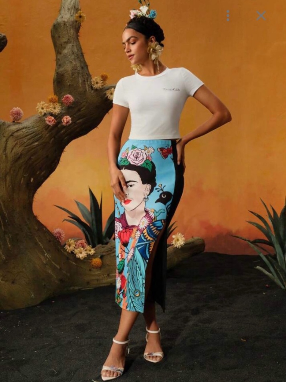 Frida Kahlo Inspired Blue Floral Midi Skirt